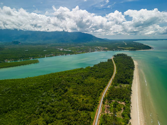A drone shot of the river mouth between Sematan and Lundu.